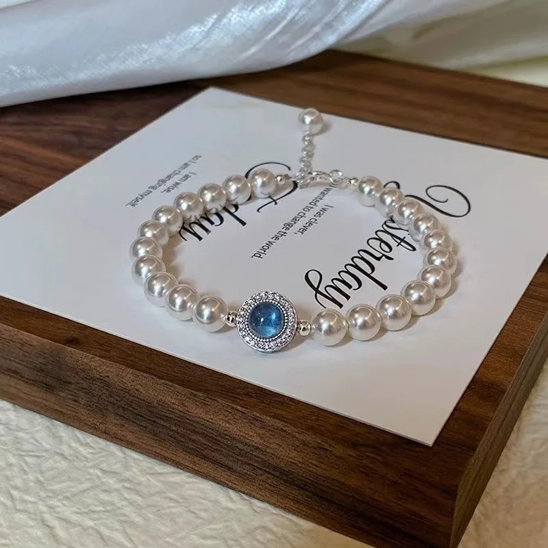 New 925 Sterling Silver Bracelet Luxury Blue Crystal Pearl Bracelet for Women Girl Design Bead Korean Jewelry Charm BraceletGift