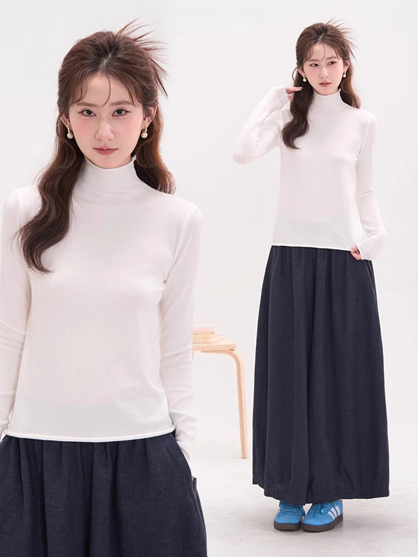 

Простой женский вязаный топ с высоким воротом и длинными рукавами, универсальный, в корейском стиле, для повседневной носки, осенний, с цветочным принтом в стиле «Полевой ветер»