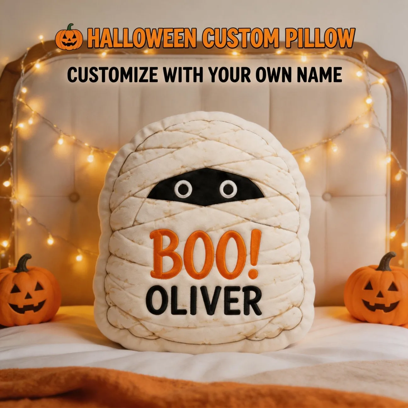 Customized photo mummy shaped pillow, personalized name decoration cushion with boo text, unique home decoration embellishment,