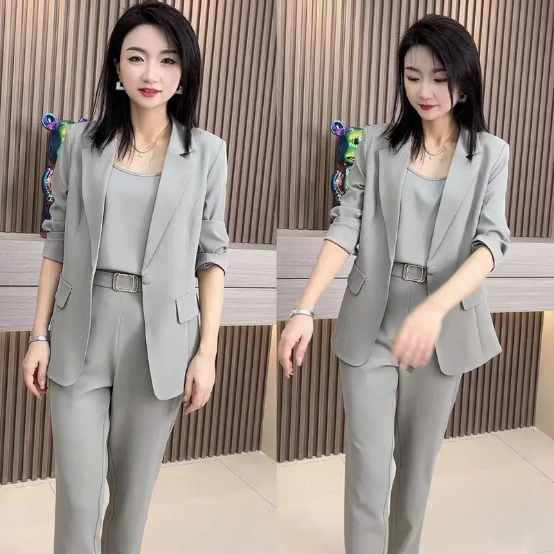 Korean Style Slim Fit Jacket Blazer Casual Pencil Pants Two Piece Set Elegant Women's Pants Set Office Summer Outfits