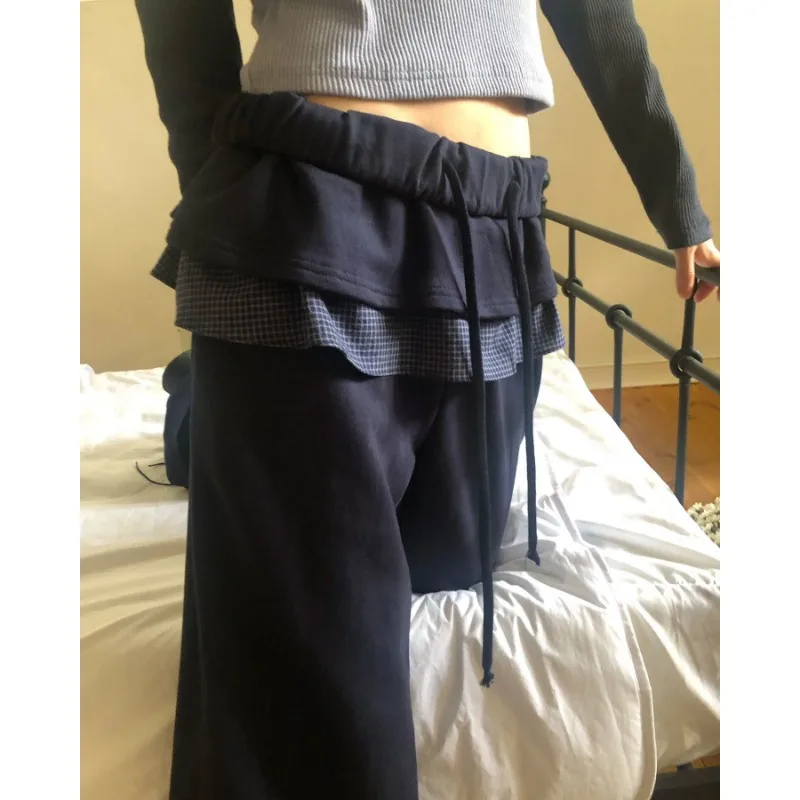 

Pants Women Autumn Winter New Korean Style Plaid Skirt Lace Fake Two-piece Sweatpants Female Vintage Casuals Trousers