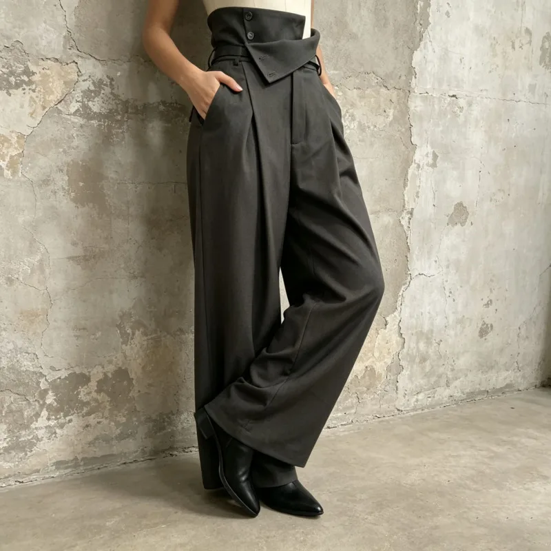 HKSH Women Casual Pants Trendy Fashionable Asymmetrical Pleated Design High-waist Solid Color Stylish Bottoms Autumn New HK28150