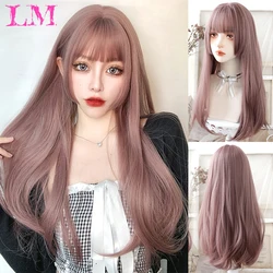 LM peluca Lolita larga y recta sintética con flequillo para mujer, cabello Natural negro y morado de múltiples colores, Cosplay, Anime