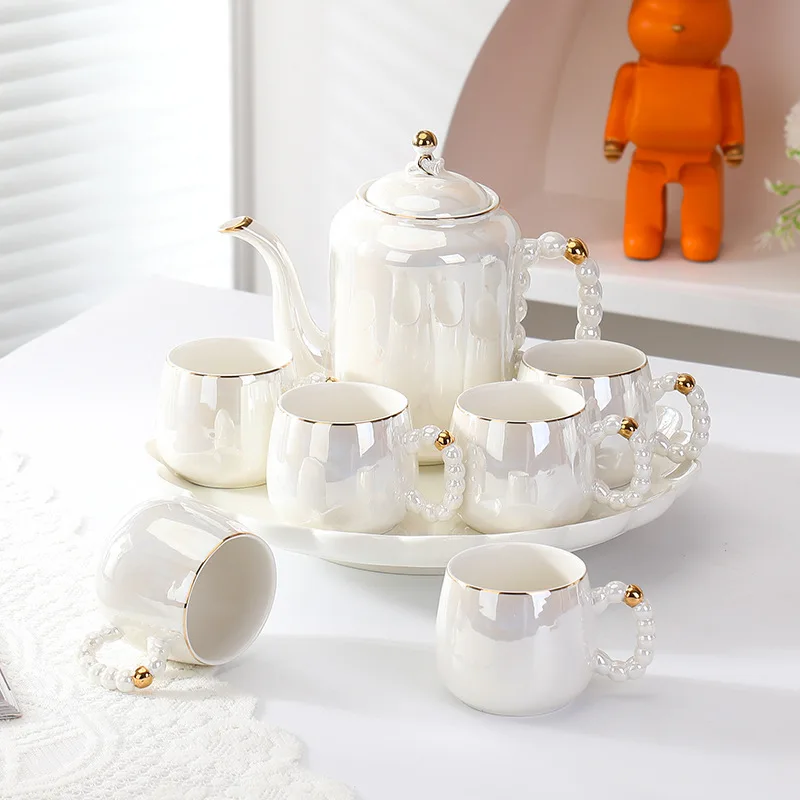 Light luxury pearl ceramic water set, cold water set, household tea set, living room teapot, cup set