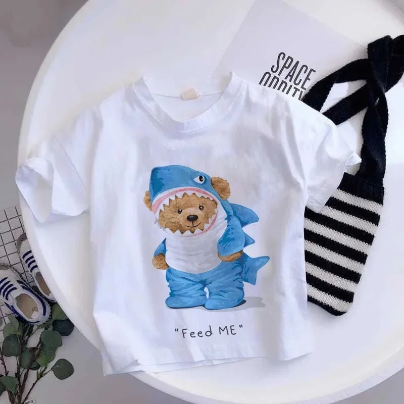 Cool Spa Teddy Bear Wearing Bath Robe Towel And Sunglasses Graphic Print Kids Short Sleeve Tee Casual Crew Neck Daily Top