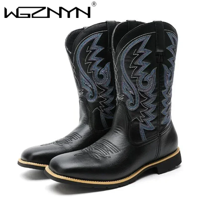 

Luxury Handmade Men Cowboy Boots Embroidery Western Shoes Pointed-toe Mid-calf Male Boots Slip on Men Riding Boot Zapatos Hombre