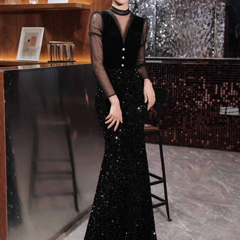 Customized Customized O-neck Elegant Slim Waist Evening Dresses Mesh Long Sleeve V-back Wedding Party Dress Sequined 2024 Simple