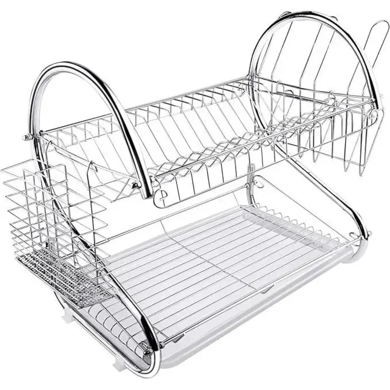 

Artehome Two-Tier Dish Drainer Silver Shelf, Bowls Dishes Cup Holder with Drip Tray