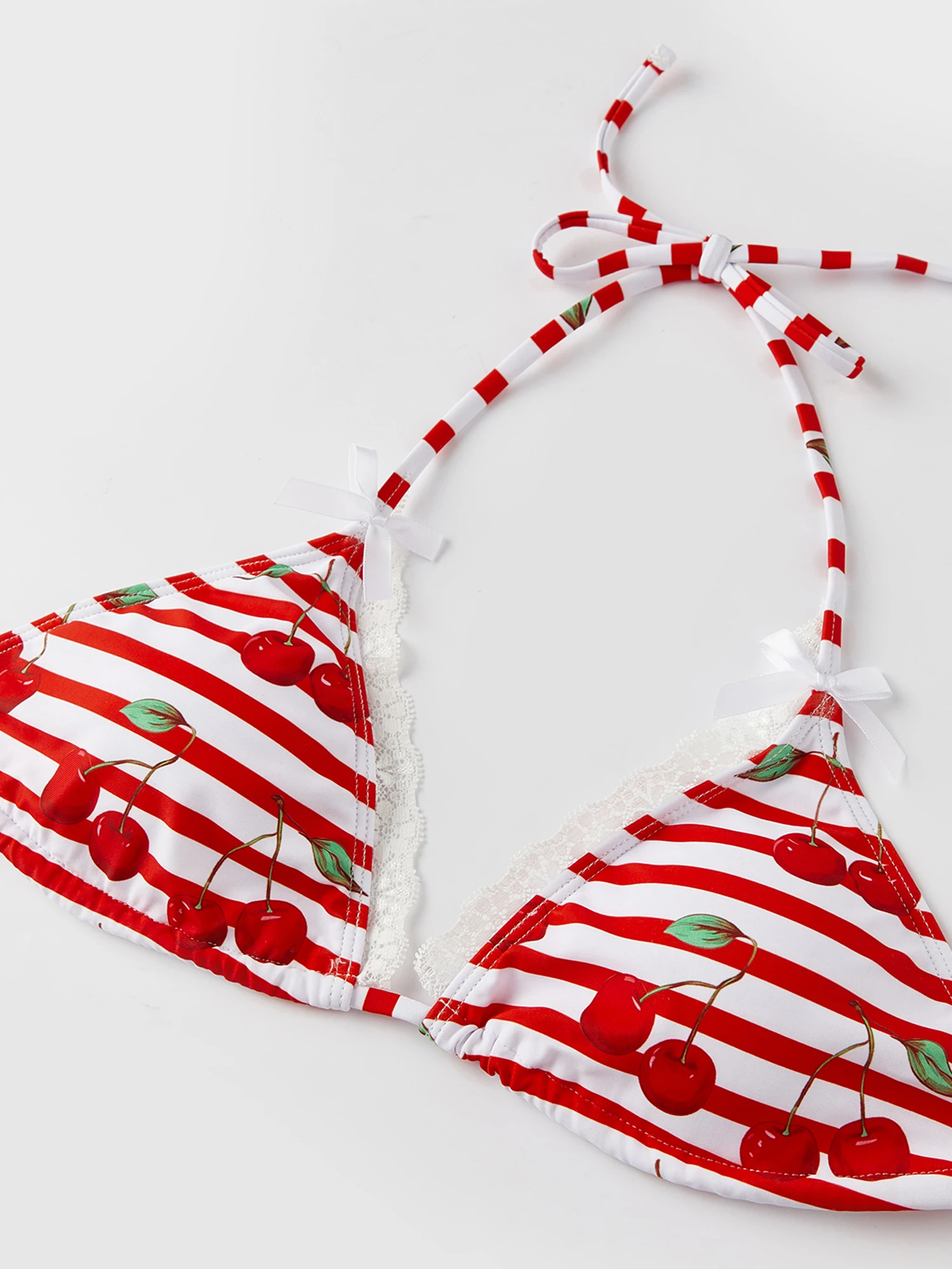 

Женский полосатый комплект бикини, летний модный купальник с вишнёвым принтом, топ-халтер и плавки, 2 предмета.