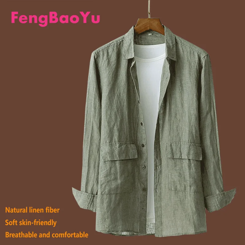 

Fengbaoyu Linen Spring Summer Men's Long Sleeve Shirt Gray Outdoor Loose Top Plus Size Fat 150KG 4XL Youth Fashion Free Shipping