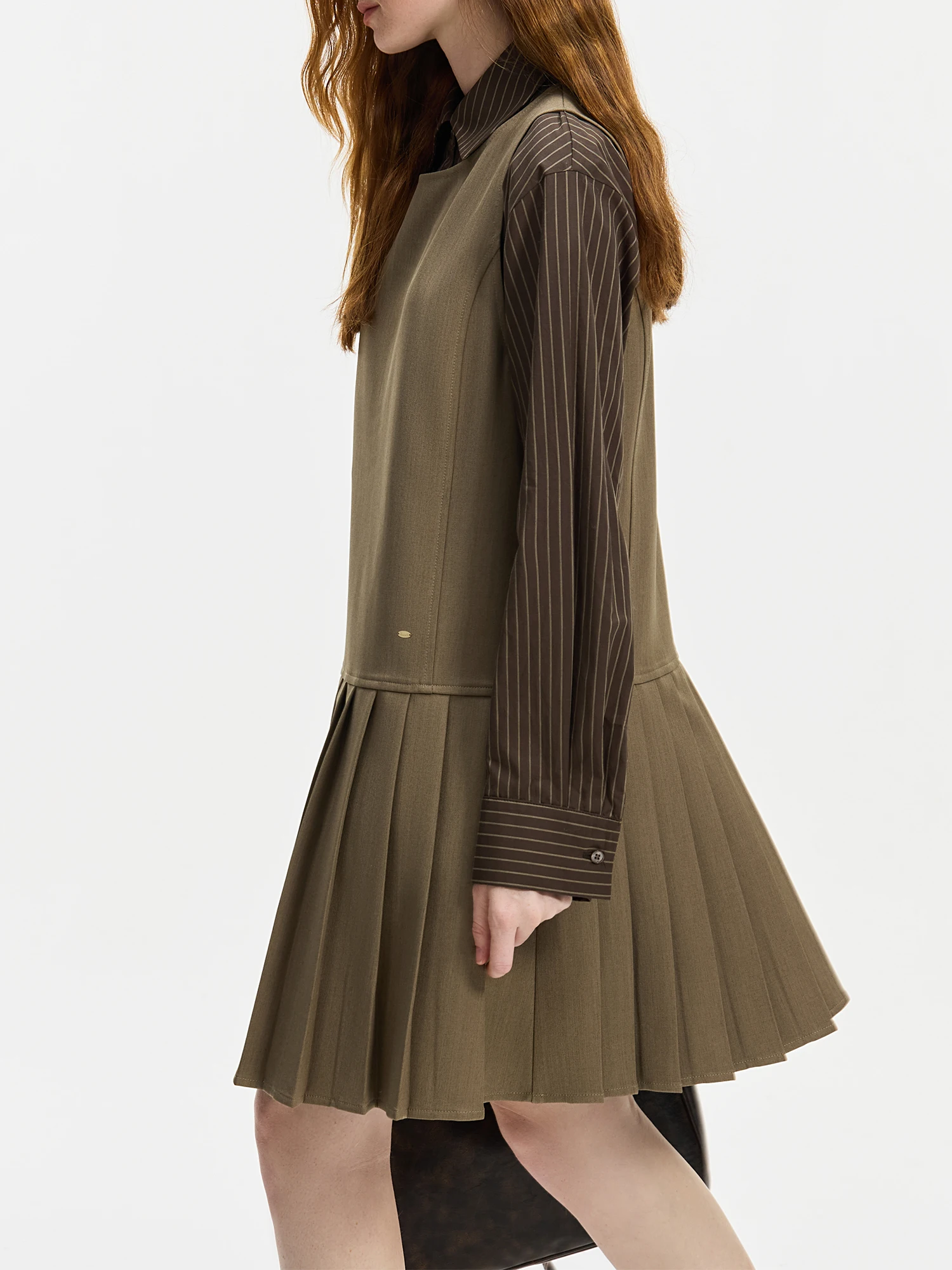 FSLE Women Knee-Length Dress Polo Neck Striped Top Fake Two Design Female Brown Pleated Mini Dresses Twill Dress 24FS14467