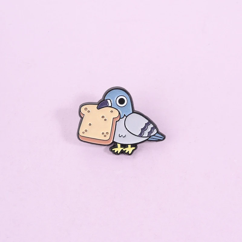 Cute Pigeon Holding Bread Enamel Pin Cartoon Bird Brooch With Toast Lapel Badge For Backpack Hat Shirt Decor