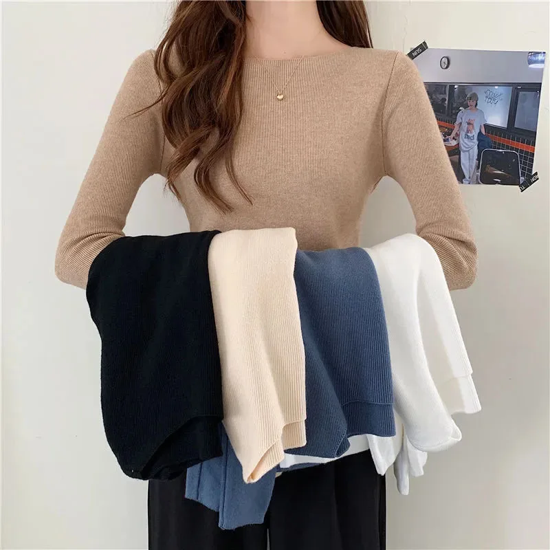 Xpqbb Women's Autumn Winter Sweater Elegant Slash Neck Slim Knitted Pullovers Female Korean Basic Solid Jersey Jumper Tops 2024