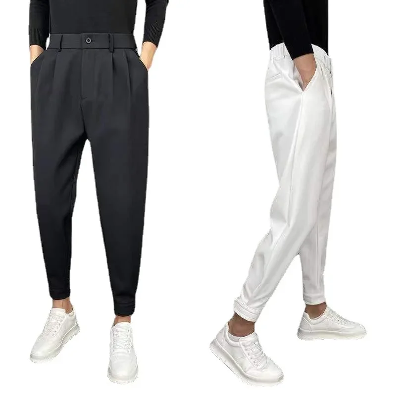 2025 Fashion Men Casual Pants Elastic Waist Small Feet Slim Korean Style Pleated Tapered Male Blazer Pants Trousers Streetwear