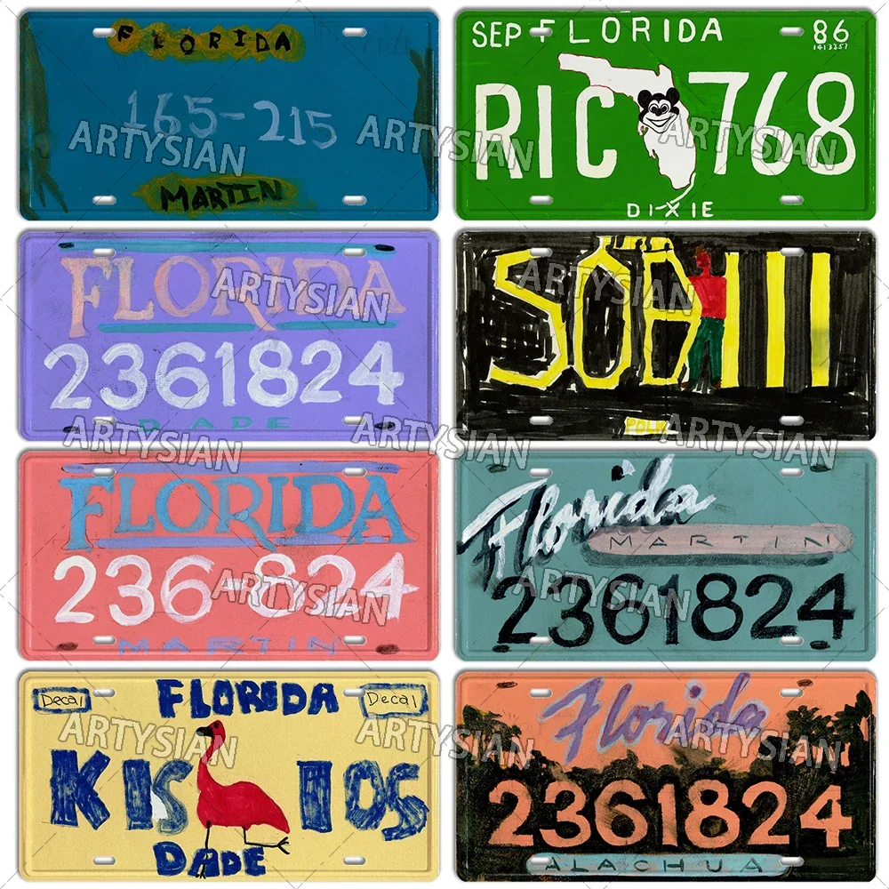 US State Metal Plaque Children's painting Hand -painted Florida Number Plate Decorative Metal Sign Wall Plaque Industrial Decor