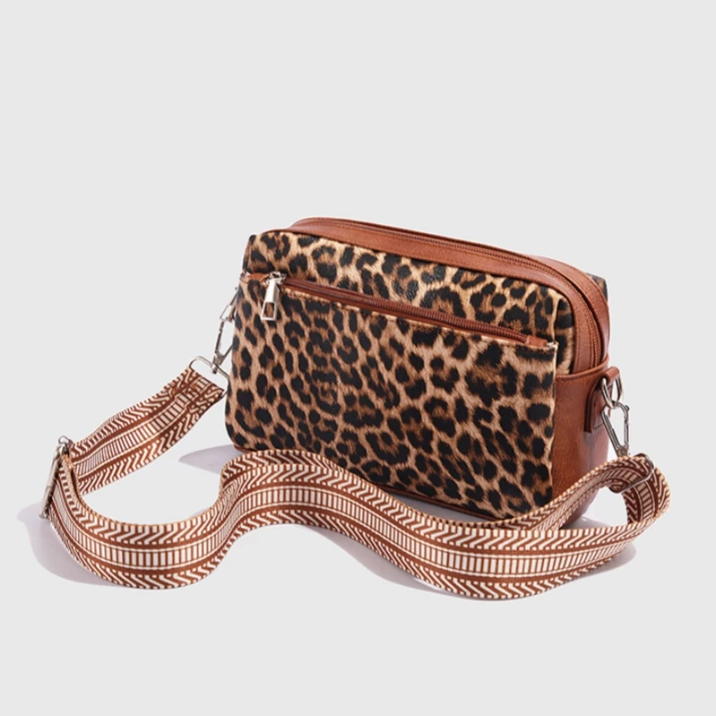 

Versatile Fashion Leopard Pattern Women's Small Square Bag Wide Shoulder Strap Female Crossbody Mobile Phone Pack Daily Use