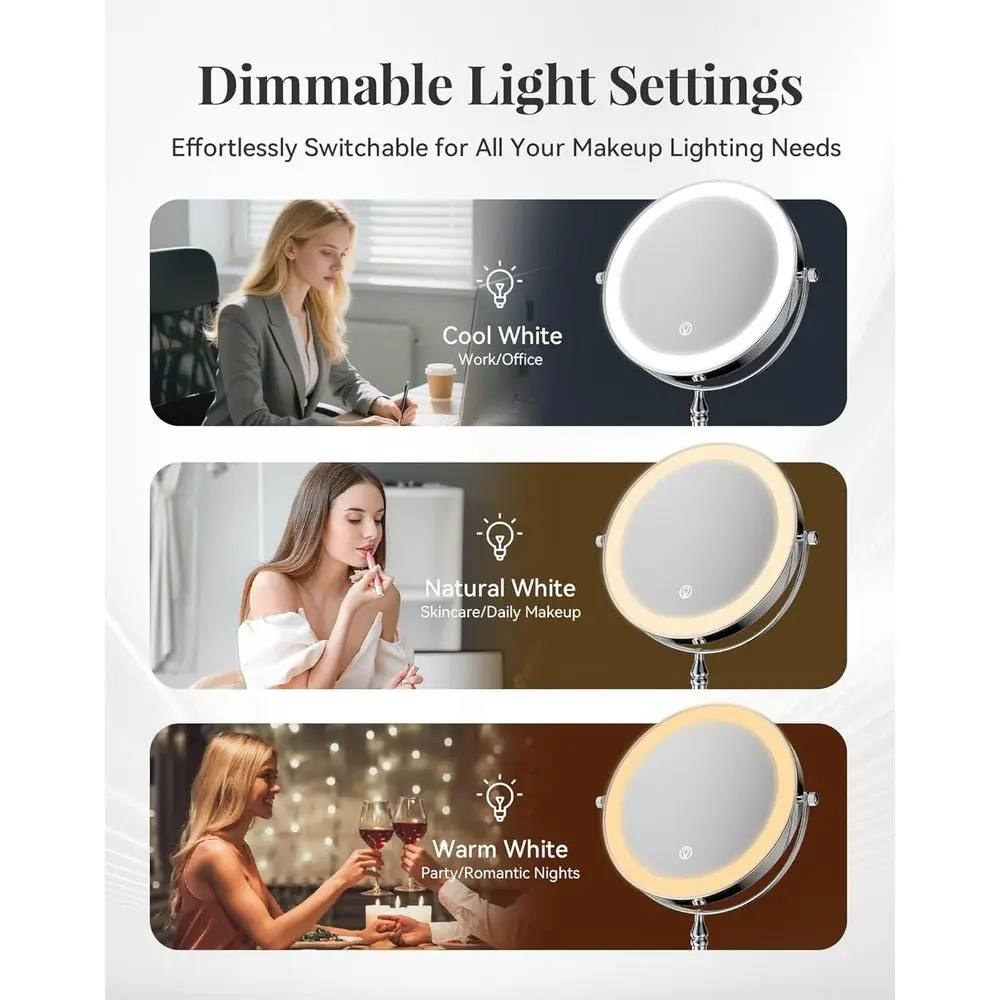 Miroir de courtoisie LED grossissant 20x avec batterie 4000mAh, miroir de maquillage chromé double face pour femmes, support de bureau