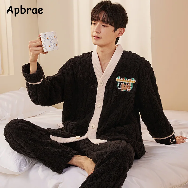 Winter L-3XL Mens Pajamas Set Thick Flannel Sleepwear for Men Bear Print Man\'s Warm Long Sleeves Pijamas Kimono Loungewear