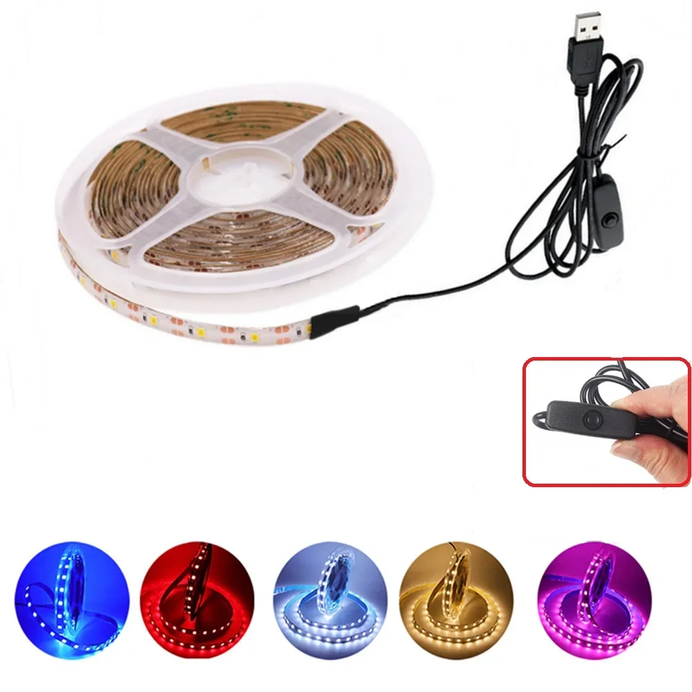 USB LED Strip Light TV Background Flexible Ribbon ON/OFF Switch 60Leds/m Cabinet Rope Tape Lamp