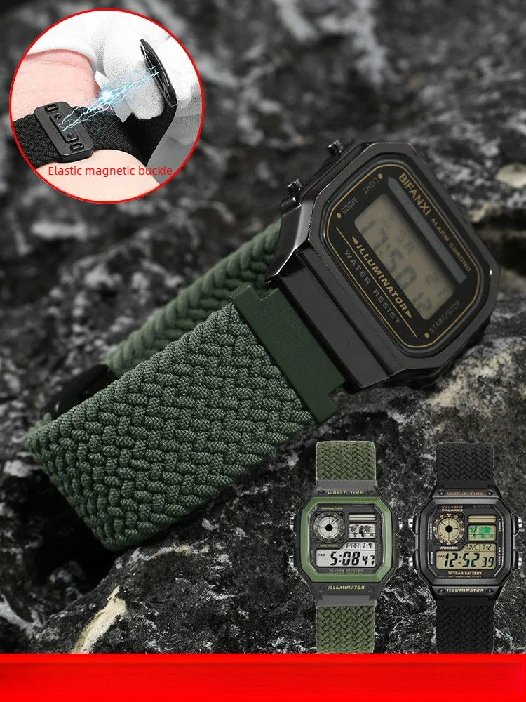 Suitable for Casio Small Square AE1200/1300/F91W/W218/F108 Elastic Magnetic Buckle Nylon Watch Strap