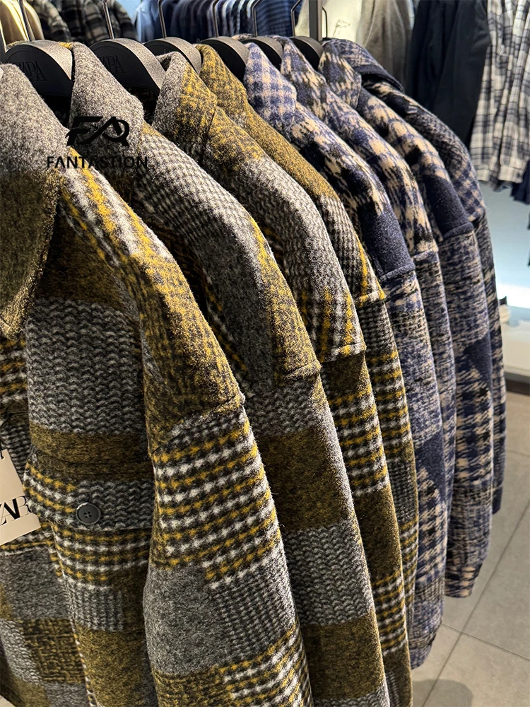 FANTASTION Flannel Patchwork turn down Multi-pocket jackets casual chic Unisex Long Sleeve Shirt Coat jackets Men's clothing