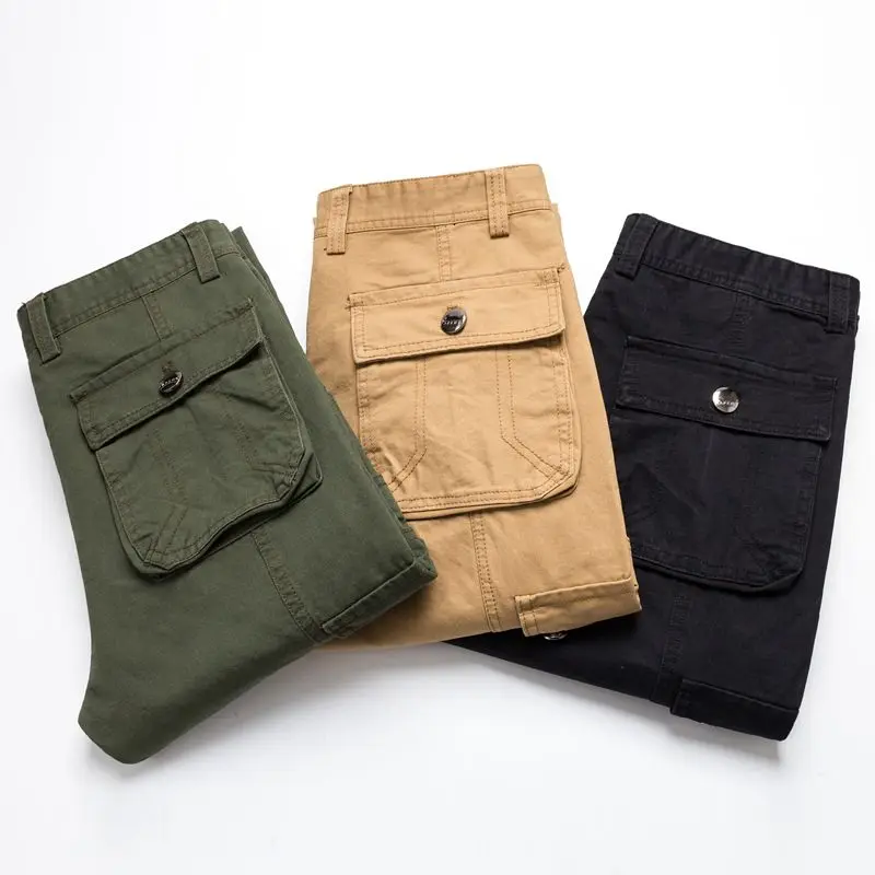 กางเกงคาร์โก้ผู้ชายคุณภาพสูง หลายกระเป๋า สีพื้น สำหรับทำงาน ลำลอง กิจกรรมกลางแจ้ง สีเขียว ทรงเข้ารูป ไซส์ใหญ่ 40