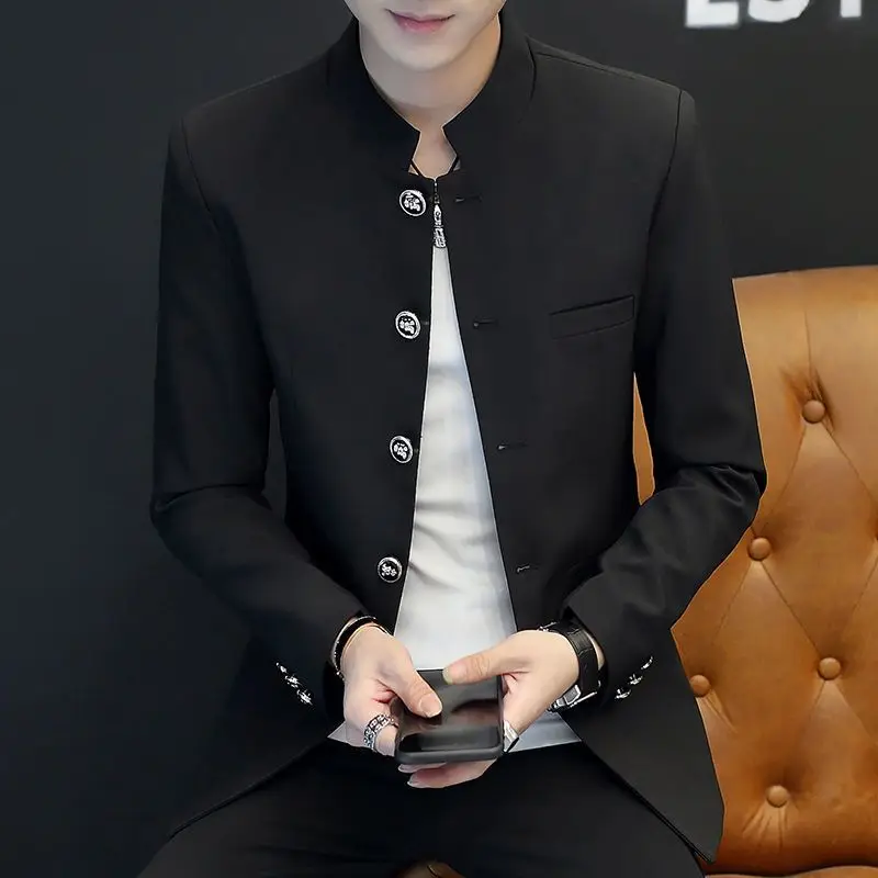 

Однобортный мужской пиджак с воротником-стойкой, пальто, одежда в корейском стиле, винтажная мужская одежда для джентльменов, роскошный дизайнерский мужской пиджак