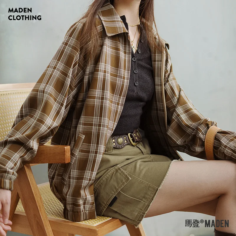 Maden Vintage Plaid Jacket for Women Khaki Turn-down Collar Coat Spring and Autumn Casual Loose Tops Female Leisure Jacket