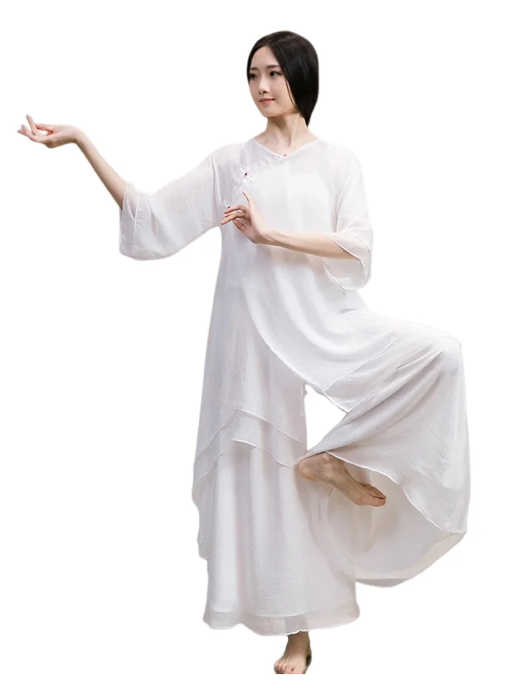Ensemble de danse Zen éthérée blanche Dr, Costume de cérémonie de thé irrégulier pour femmes, tenue de spectacle sur scène traditionnelle chinoise