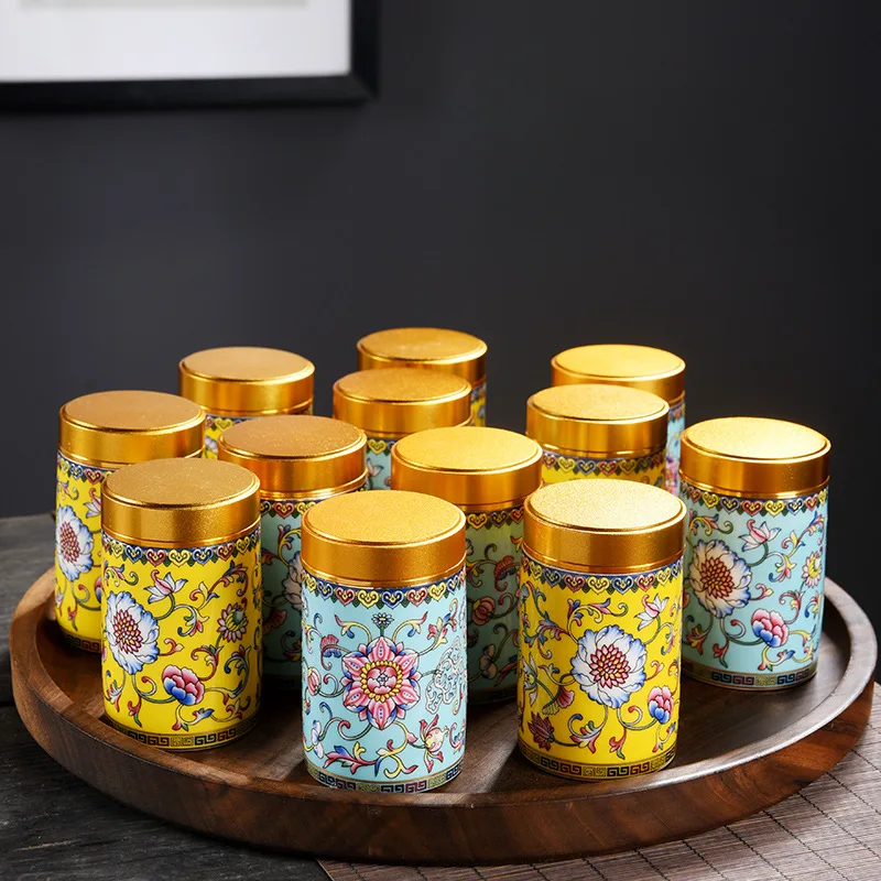 Painted Flowers Ceramic Storage Jar Portable Travel Alloy Sealed Tea Jar Enamel Candy Box Handicraft Ornaments Gift Home Decor