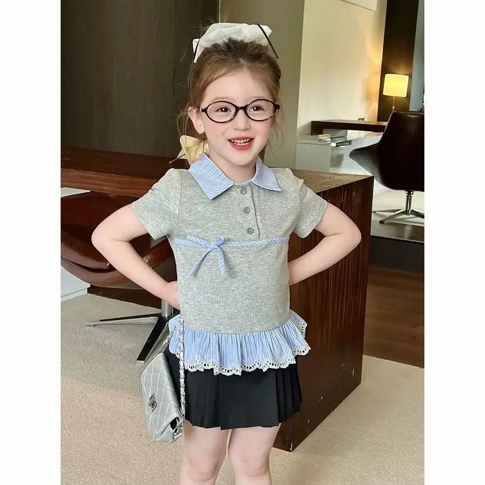 

Girls' Short Sleeved T-shirt POLO 2025 New Fashion Lace Girls' Top Children's Versatile Short Sleeved Ruffle Edge