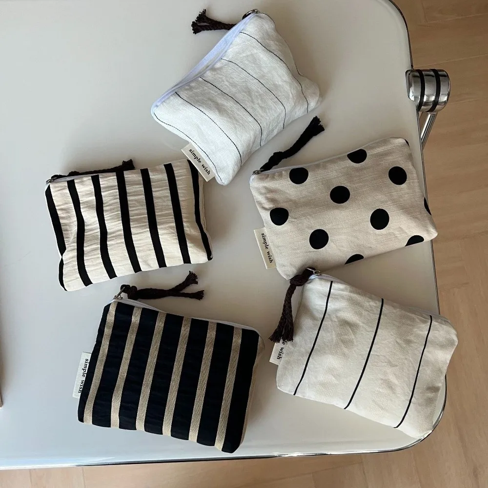 Cotton Linen Material Mini Coin Purse Polka Dot Design Striped Pattern Jewelry Storage Bag Minimalist Style Portable Size