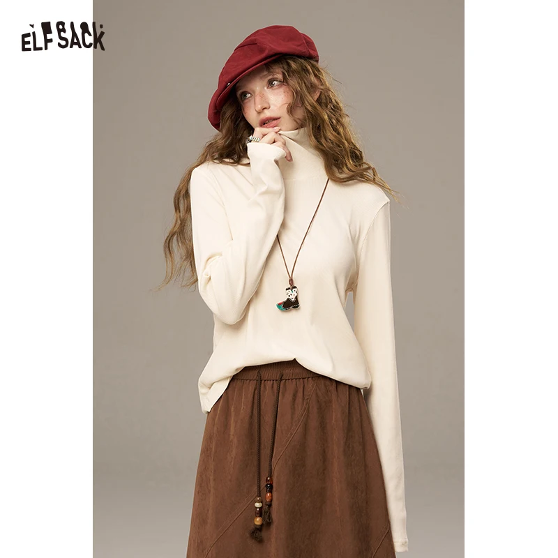 ELFSACK 2025 الشتاء الوافدين الجدد الصلبة الياقة المدورة طويلة الأكمام سترة متماسكة للمرأة #1