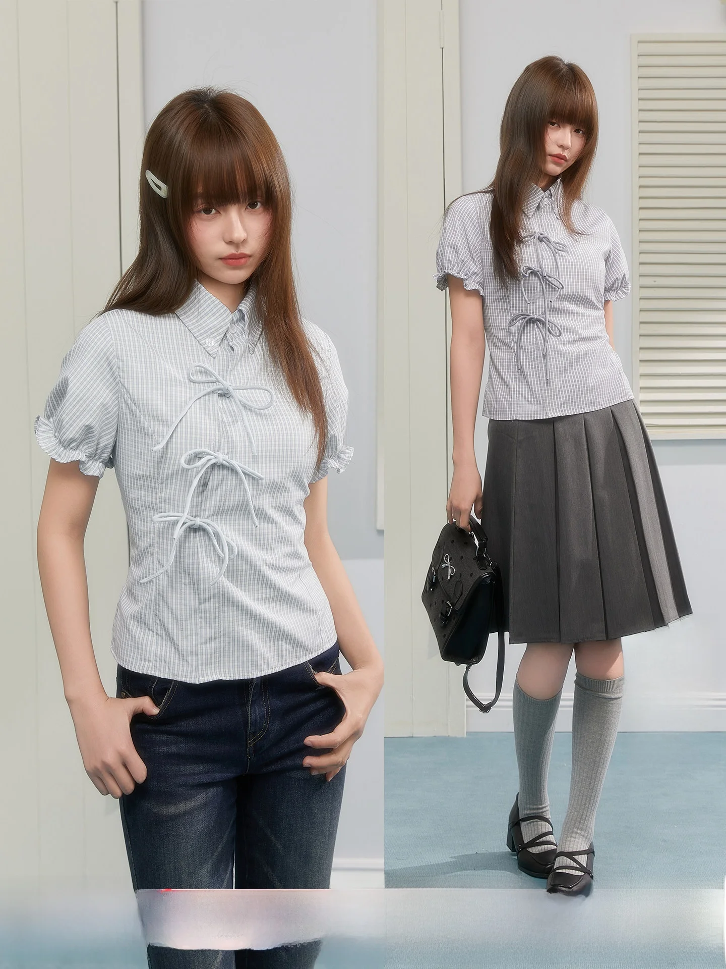 

Топ STA весна-лето в клетку с коротким рукавом, бантом на талии, рукавами-фонариками, утягивающий, в студенческом стиле, для девочек, модный, из полиэстера