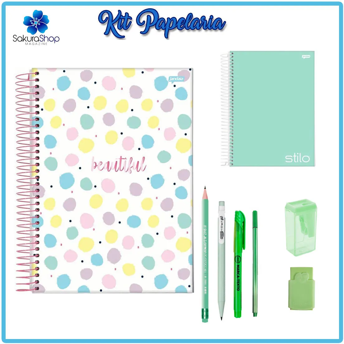 Kit Papelaria Tons de Verde Cor Verde Escolar Neon Pastel