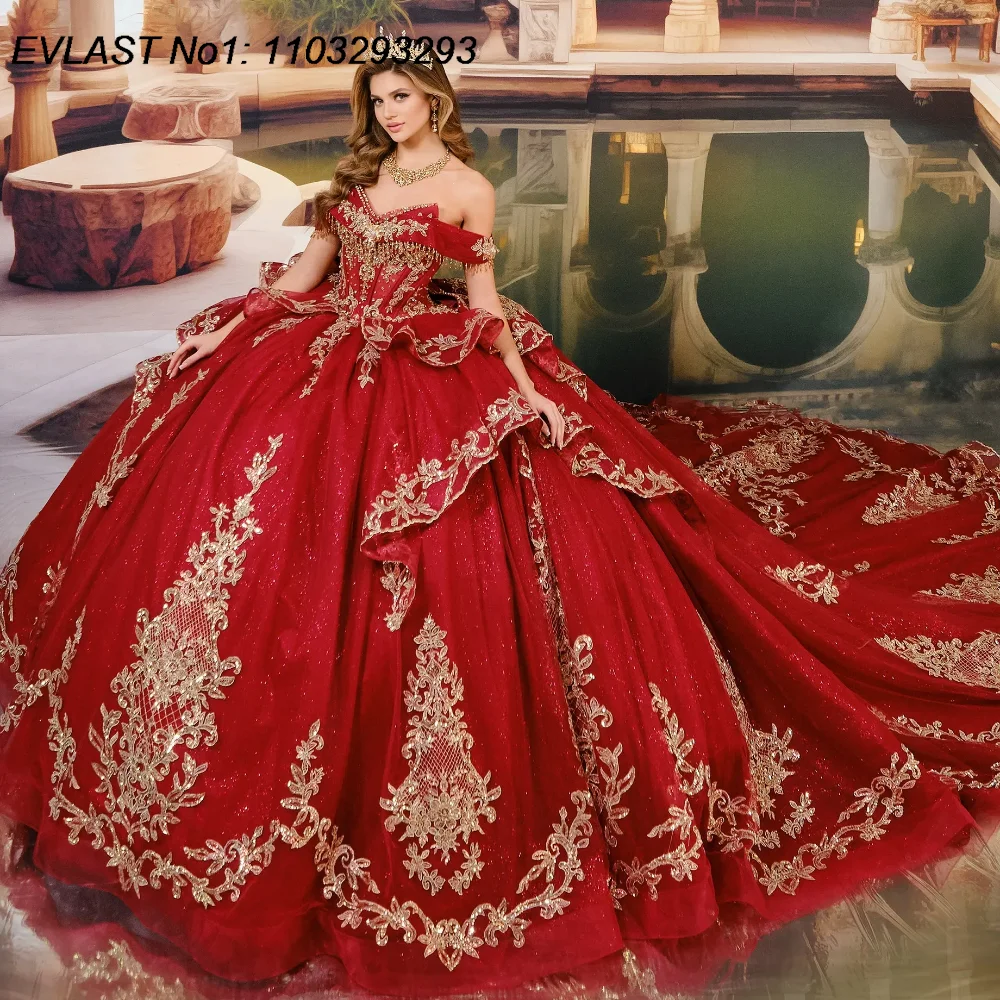 EVLAST Customized Mexican Red Quinceanera Dress Ball Gown Gold Lace Applique Beading Tiered Sweet 16 Vestido De 15 Anos E1Q72