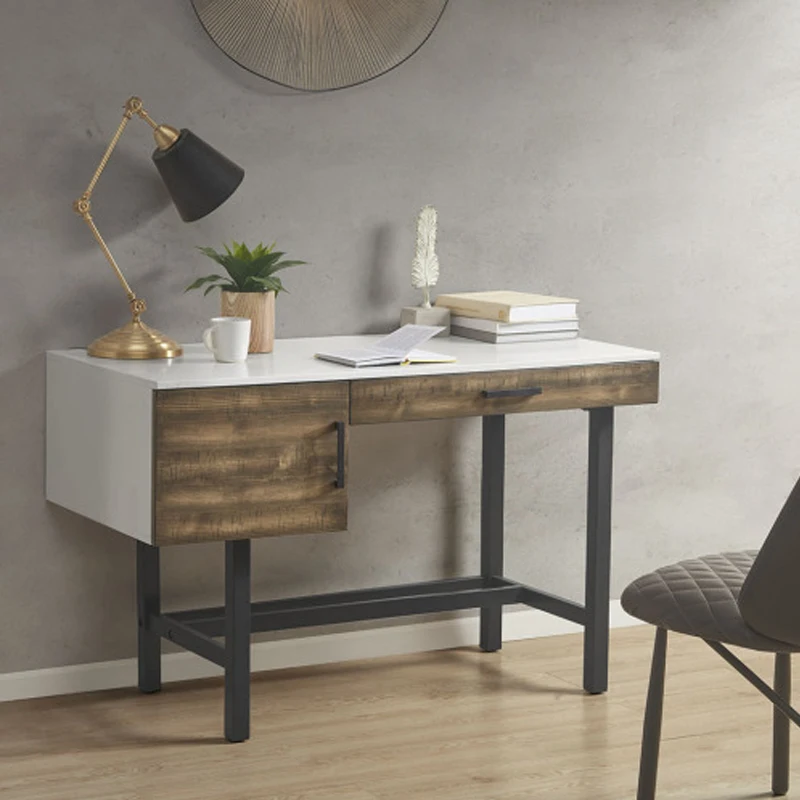 Chic Writing Desk with Drawer - High Gloss White & Natural Wood Grain, Matte Black Metal Legs, Contrasting Black Pull Bar