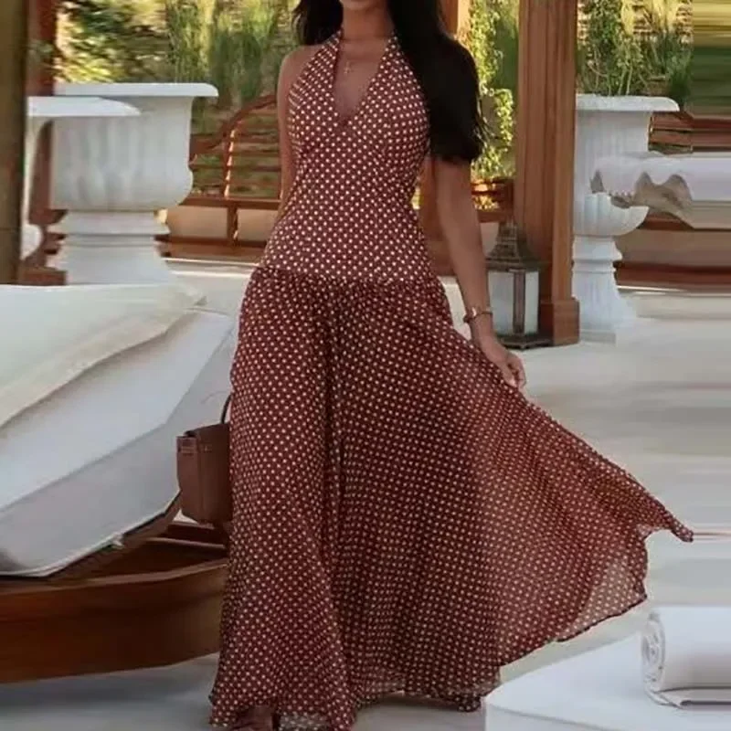

Elegant Polka Dot Print Backless Holiday Dress Summer Sexy Halter Hollow Sleeveless Long Dress Lady Casual High Waist Robe Dress
