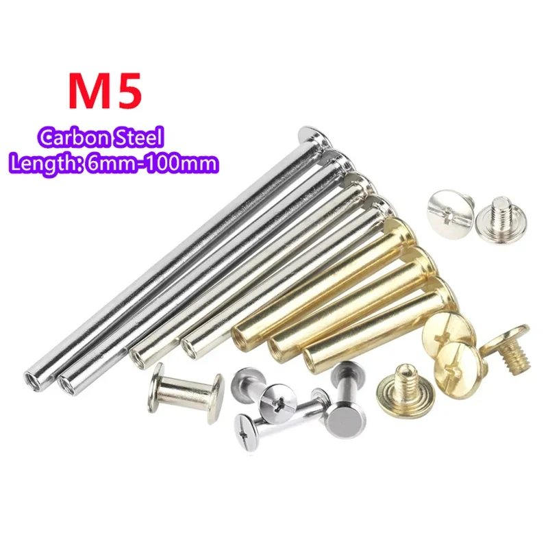 M5x5-100mm Golden Silver Carbon Steel Leather Bag Belt Photo Scrapbook Album Book Post Binding Chicago Screw Nail Rivet Bolt