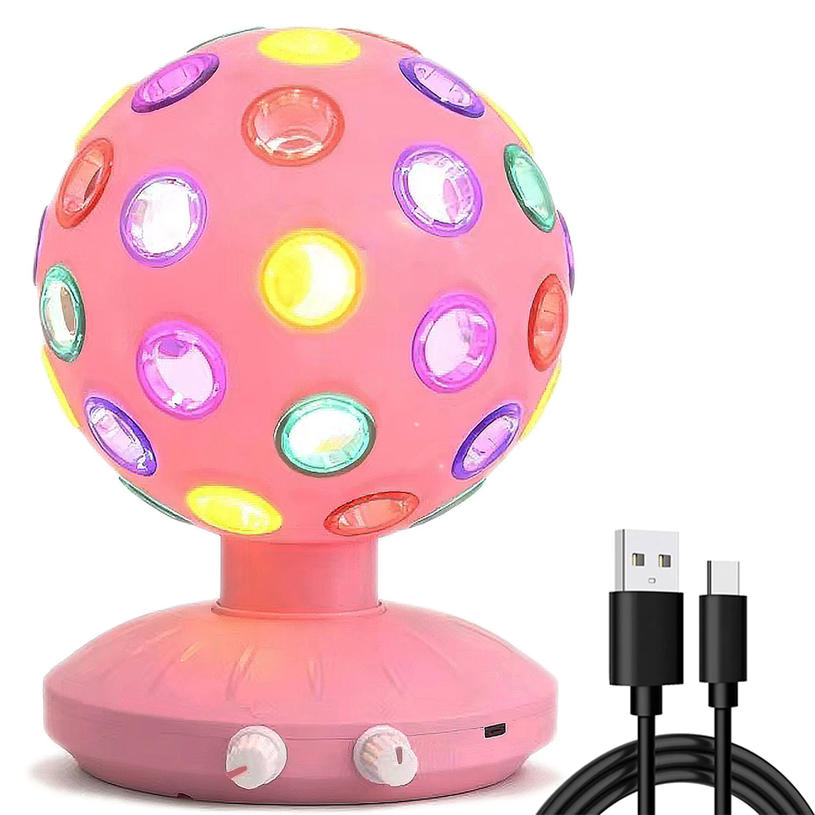 Bola de discoteca giratoria rosa Iluminación ambiental 360 °   Lámpara ajustable de velocidad/brillo giratorio (USB /3 pilas AA)