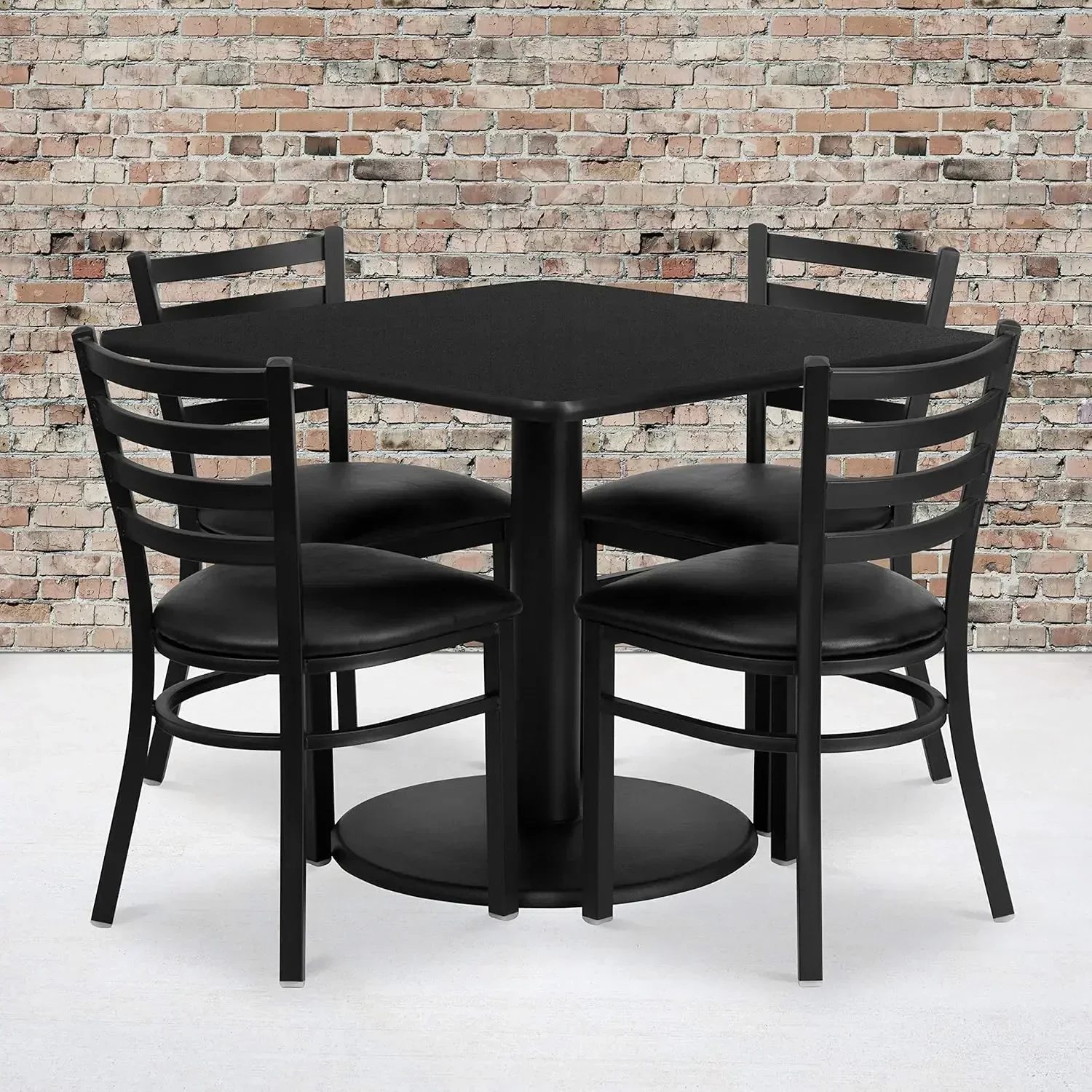 Furniture Jamie 36'' Square Black Laminate Table Set with Round Base and 4 Ladder Back Metal Chairs - Black Vinyl Seat