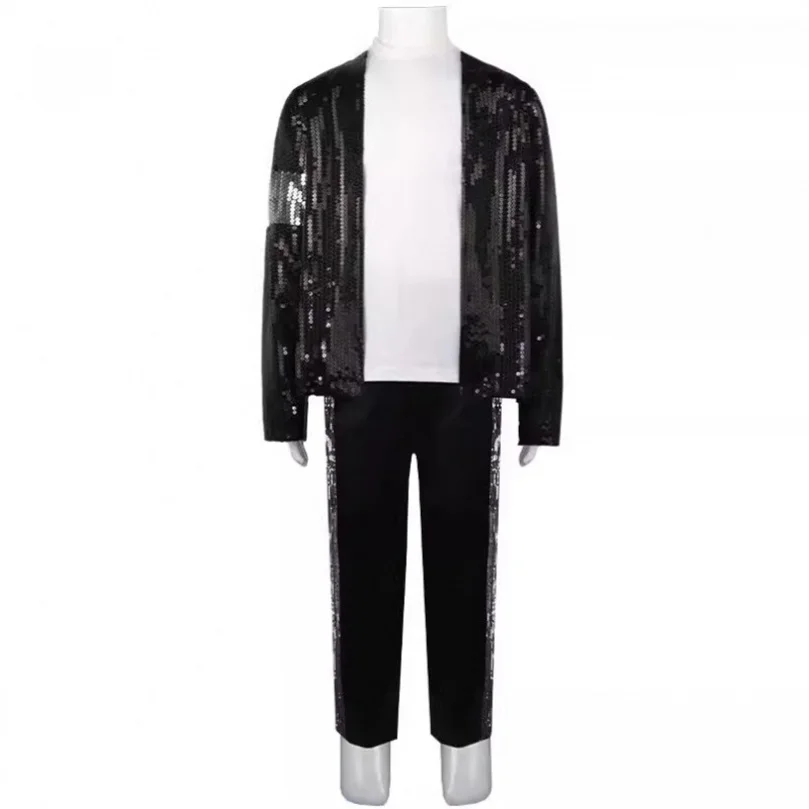 Men Women Retro 80s Pop Star Dance Costume Boys Girls Sequin Jacket Pants Full Set Stage Performance Outfit 56919