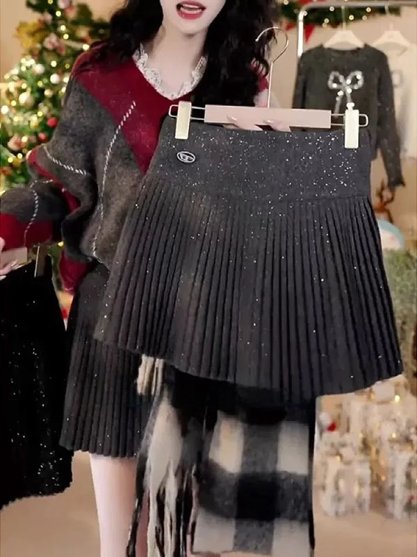 

Женская шерстяная юбка А-силуэта больших размеров с яркими пайетками, плиссированная, короткая, осенне-зимняя, новая, с высокой талией, для повседневной носки, в корейском стиле