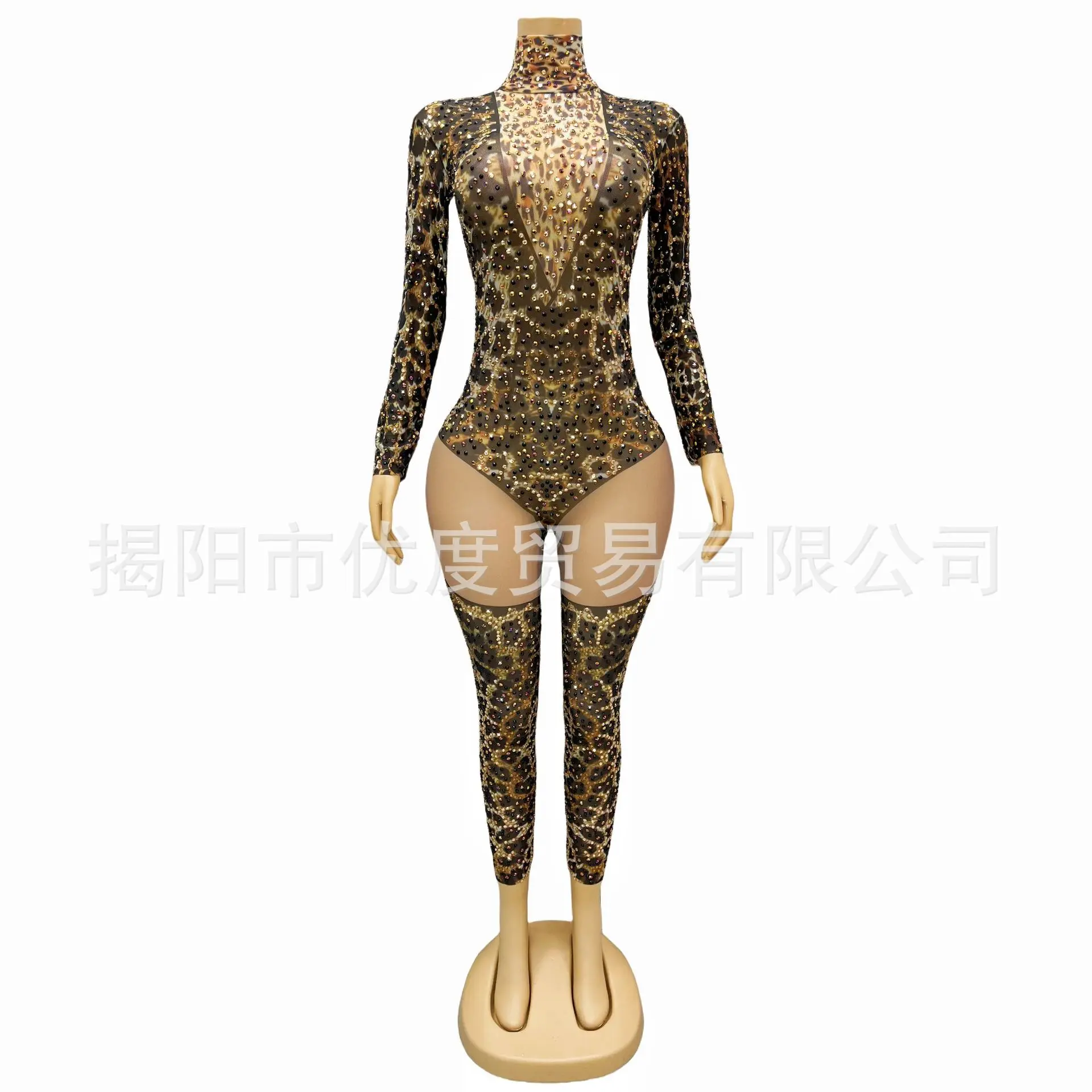 

Domineering Personality Rhinestone Sexy Mesh Jumpsuit Cocktail Night Party Performance Cheetah Mesh Version Abendkleid Robe Fête