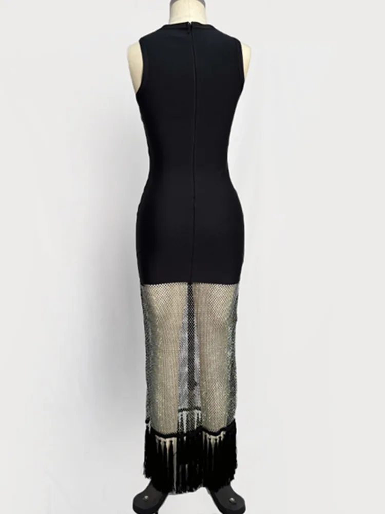 Femmes Sexy O cou diamants Net noir Maxi longs diamants célébrité moulante robe de pansement 2025 élégant soirée Club robe de soirée