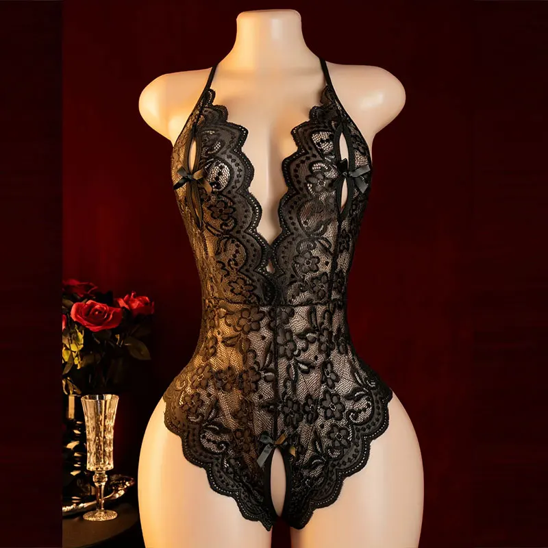 Erotic Crotchless Hot Lingerie Sexy Bra Panty Set Woman Porn Lencería Open Ass Corset Onesie Lace Transparent Ethical Underwear