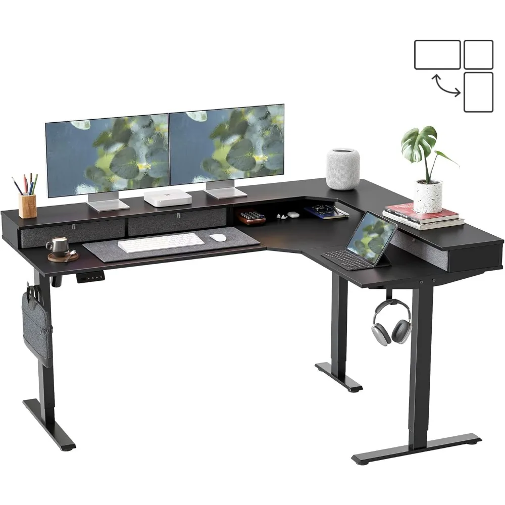 

L Shaped Electric Standing Desk, 63 x48 inch Large with Drawers | Reversible Tabletop, 2 Memory Height Settings | Home Of