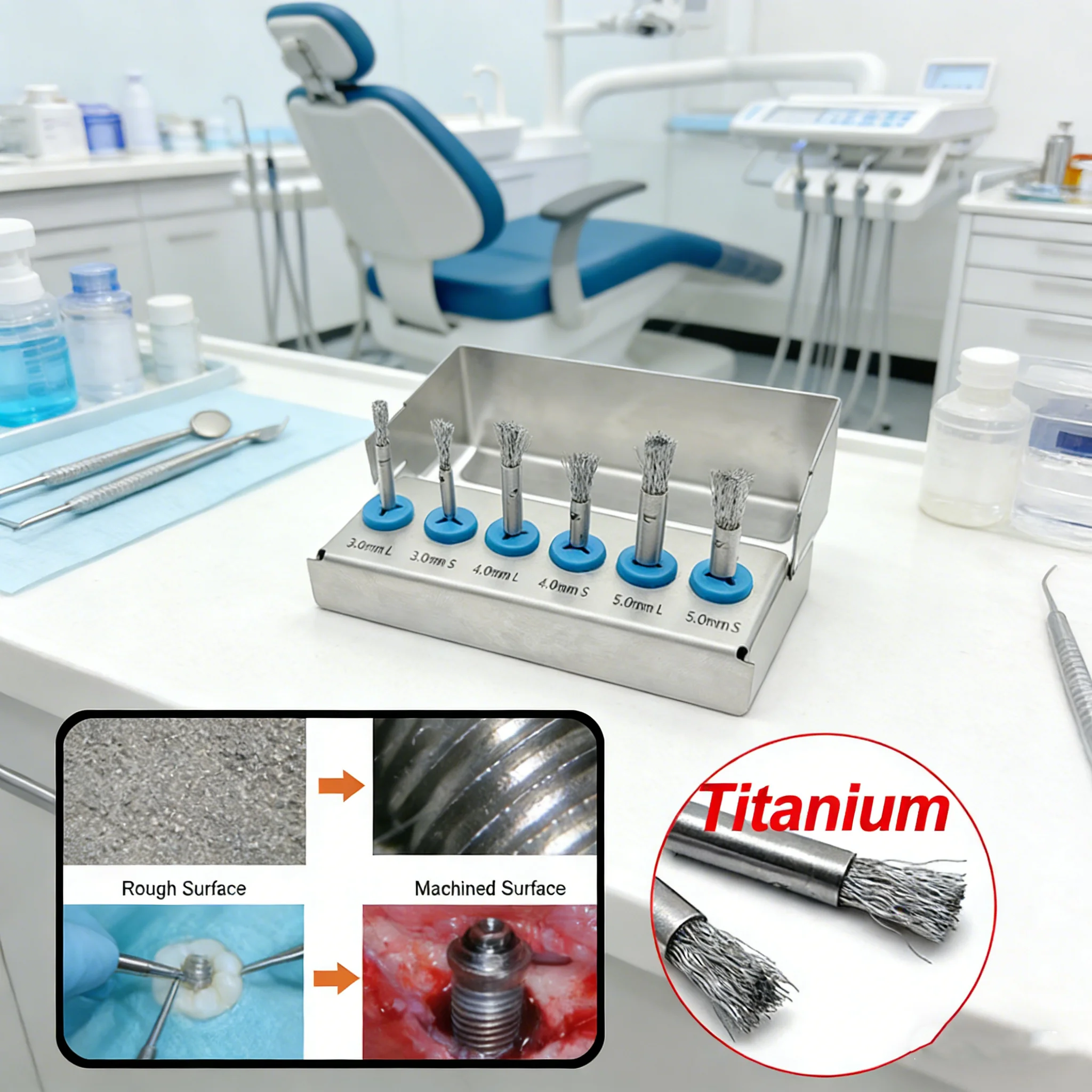 

6 шт., стоматологическая высококачественная титановая щетка для укладки, имплантит, имплантат, имплантат, щетка для очистки поверхностей, автоклавируемая