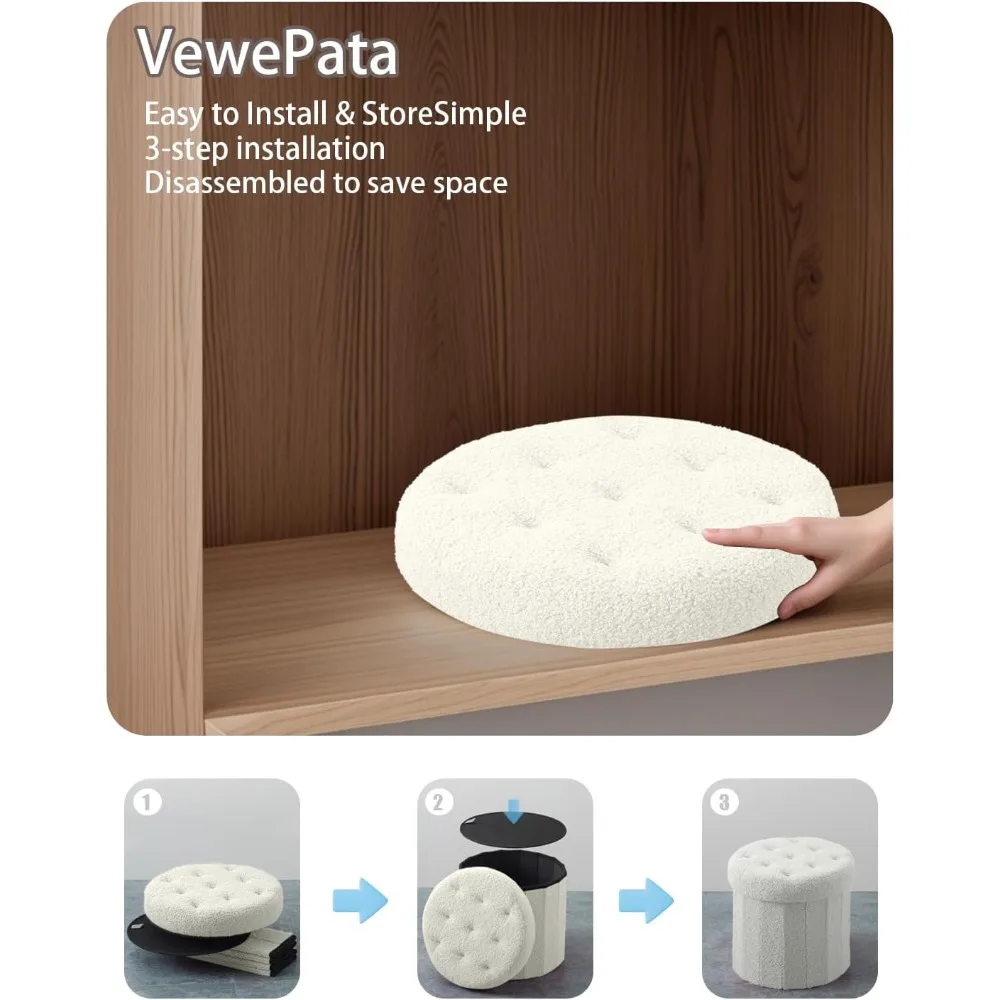 Ronde opbergruimte poef voetenbank, faux teddy fluwelen poef met opbergruimte, voetsteun voor woonkamer slaapkamer of slaapzaal (crème wit