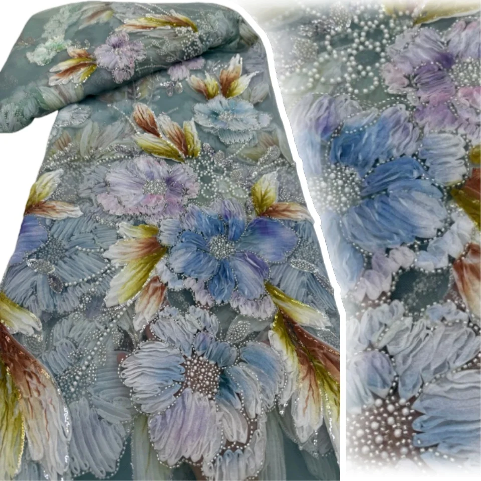 

African 3D Red Tulle Lace Fabric 2026 High Quality Luxury French Hand-Beaded Sequin Lace Fabric For Bridal Wedding Dresses 2162